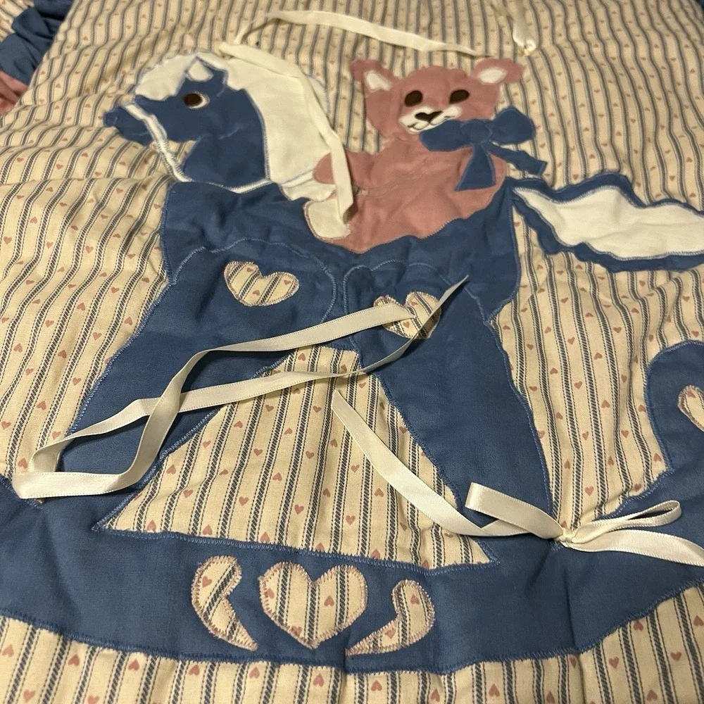 VTG Teddy Bear Rocking Horse Baby Crib Bedding Set Ruffle Trim Complete Hearts